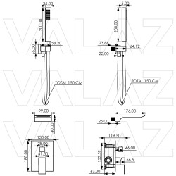 Grifo cuadrado empotrado monomando  para bañera con cascada negro mate serie Tajo