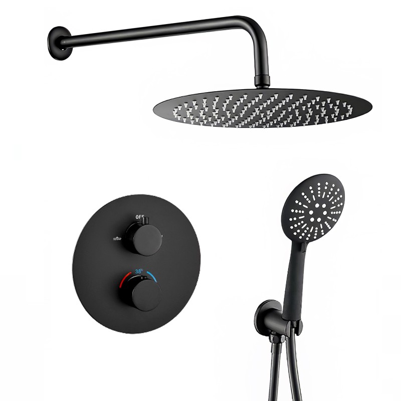 Conjunto de ducha empotrada negro mate termostático redondo Conjunto de ducha empotrada negro mate termostático redondo