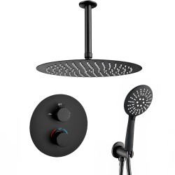 Conjunto de ducha empotrada negro mate termostático redondo a techo