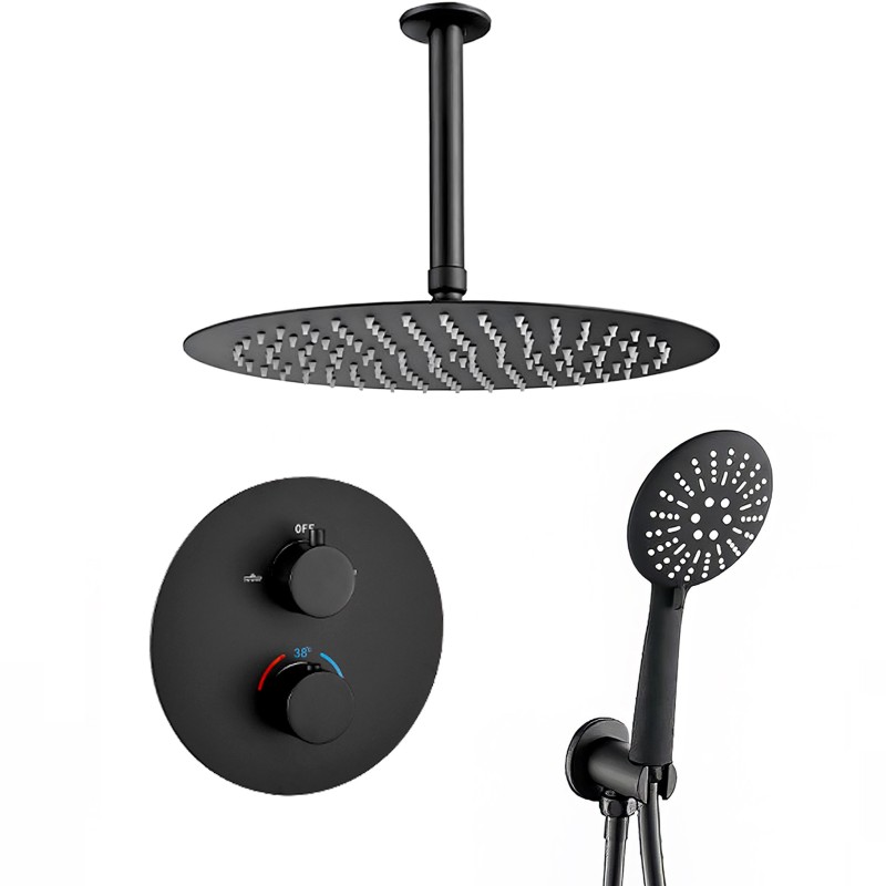 Conjunto de ducha empotrada negro mate termostático redondo a techo Conjunto de ducha empotrada negro mate termostático redondo a techo