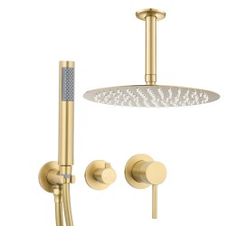 Ducha empotrada redonda monomando a techo en  oro mate