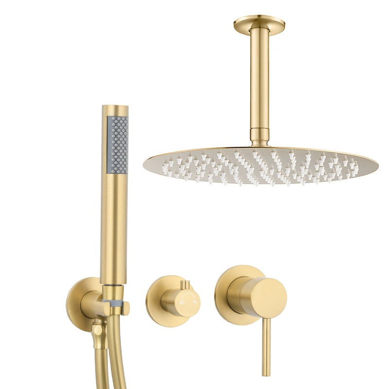 Ducha empotrada redonda monomando a techo en  oro mate