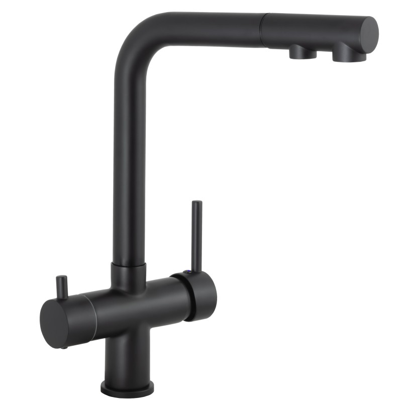 Grifo de cocina monomando 3 vías redondo  con osmosis  y extraíble en negro mate serie Vernisa